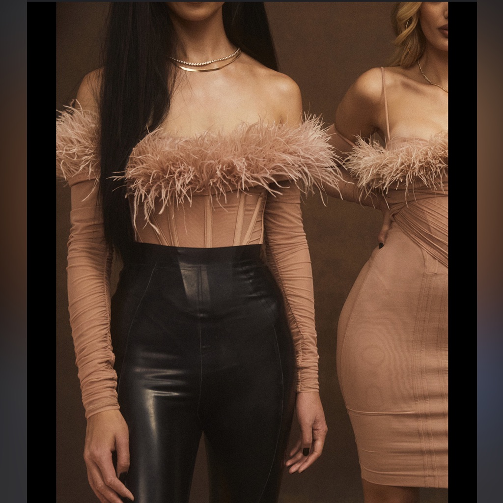 House Of Cb Faith Blush Feather Corset Bodysuit Off Shoulder Mesh Top Size Xs